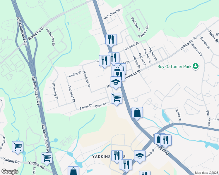map of restaurants, bars, coffee shops, grocery stores, and more near 200-298 Mike Street in Fayetteville