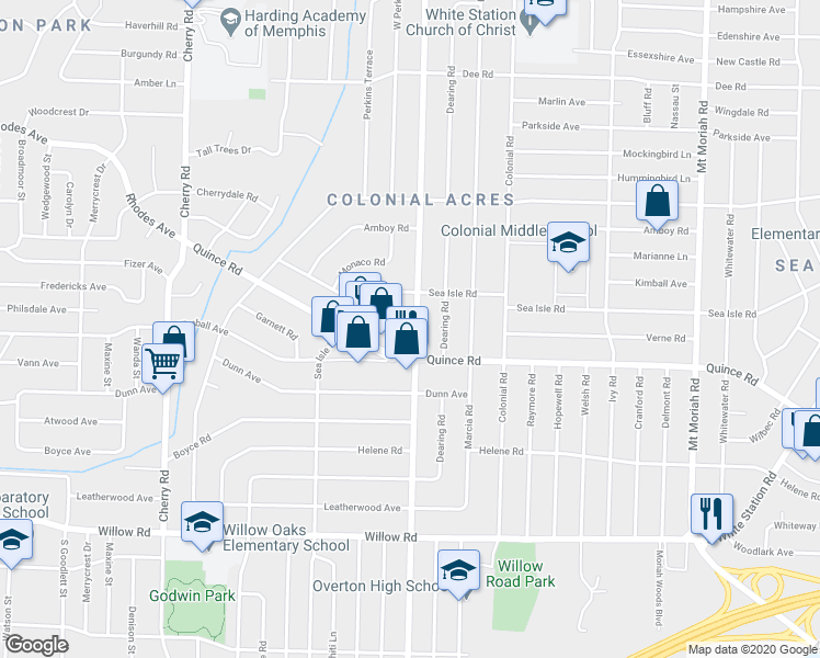 map of restaurants, bars, coffee shops, grocery stores, and more near 1441 South Perkins Road in Memphis