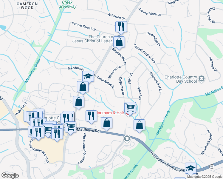 map of restaurants, bars, coffee shops, grocery stores, and more near 7311 Quail Ridge Dr in Charlotte