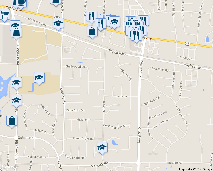 map of restaurants, bars, coffee shops, grocery stores, and more near 2072 Kirby Road in Memphis