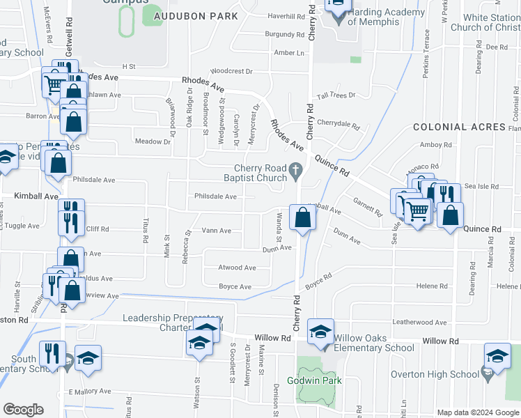 map of restaurants, bars, coffee shops, grocery stores, and more near 4288 Kimball Avenue in Memphis