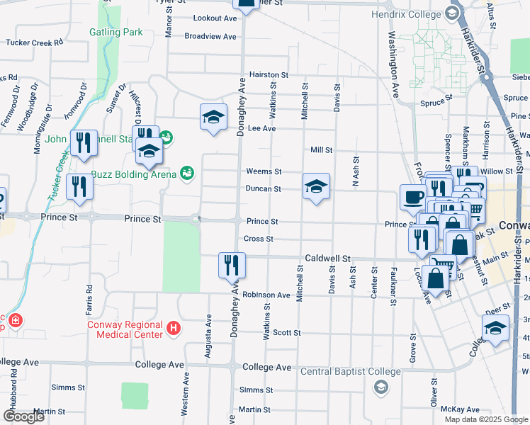 map of restaurants, bars, coffee shops, grocery stores, and more near 1009 Watkins Street in Conway