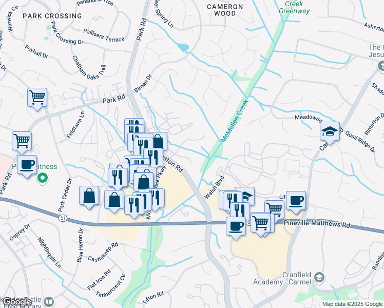 map of restaurants, bars, coffee shops, grocery stores, and more near 10311 Cedar Trail Lane in Charlotte
