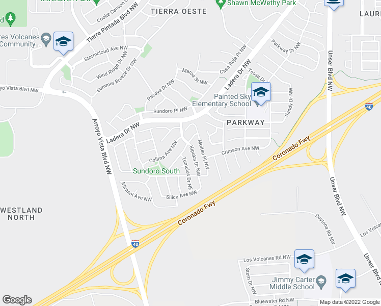 map of restaurants, bars, coffee shops, grocery stores, and more near 915 Kipuka Drive Northwest in Albuquerque