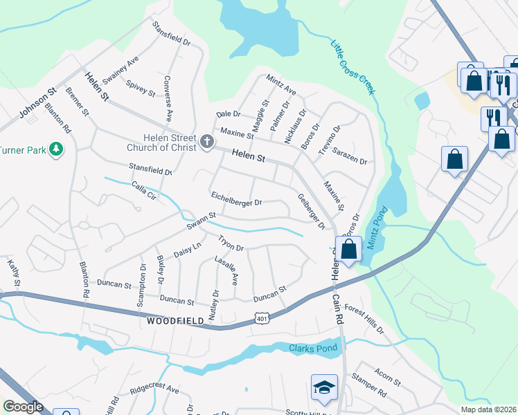 map of restaurants, bars, coffee shops, grocery stores, and more near 1827 Eichelberger Drive in Fayetteville