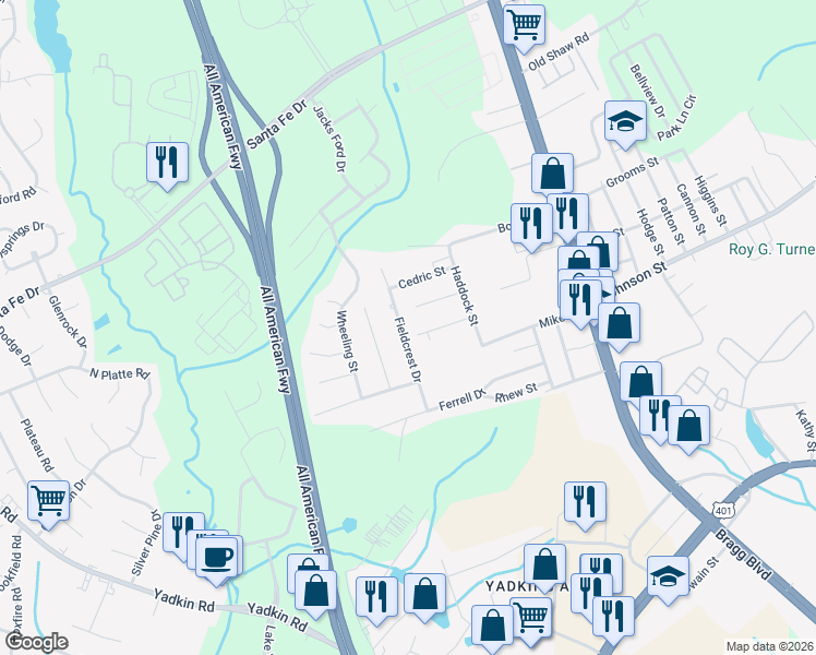 map of restaurants, bars, coffee shops, grocery stores, and more near 446 Allwood Drive in Fayetteville