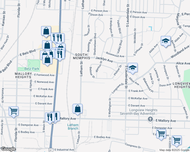 map of restaurants, bars, coffee shops, grocery stores, and more near 2020 Belmar Street in Memphis