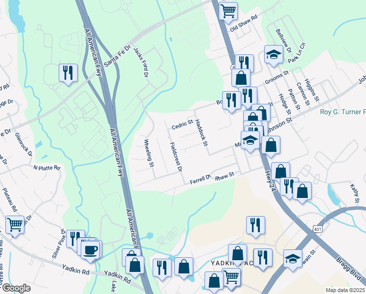 map of restaurants, bars, coffee shops, grocery stores, and more near 446 Allwood Drive in Fayetteville