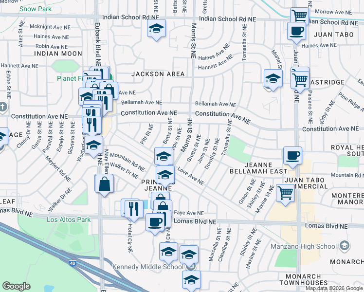 map of restaurants, bars, coffee shops, grocery stores, and more near 1135 Morris Street Northeast in Albuquerque