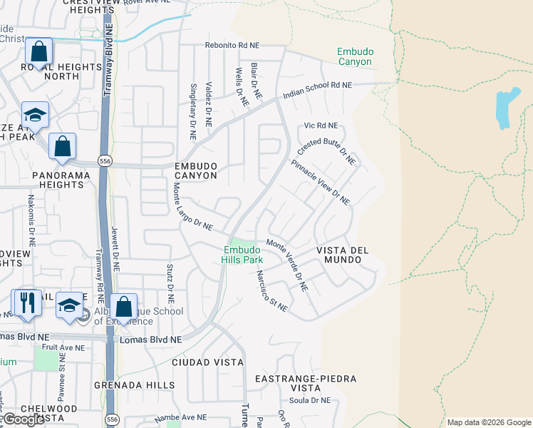 map of restaurants, bars, coffee shops, grocery stores, and more near 1406 Narcisco Street Northeast in Albuquerque