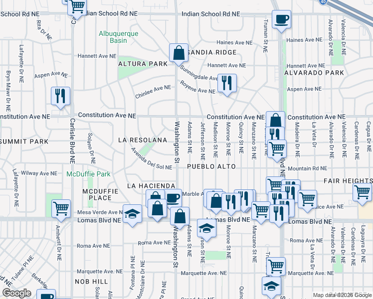map of restaurants, bars, coffee shops, grocery stores, and more near 829 Adams Street Northeast in Albuquerque