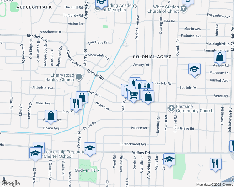 map of restaurants, bars, coffee shops, grocery stores, and more near 4510 Garnett Road in Memphis