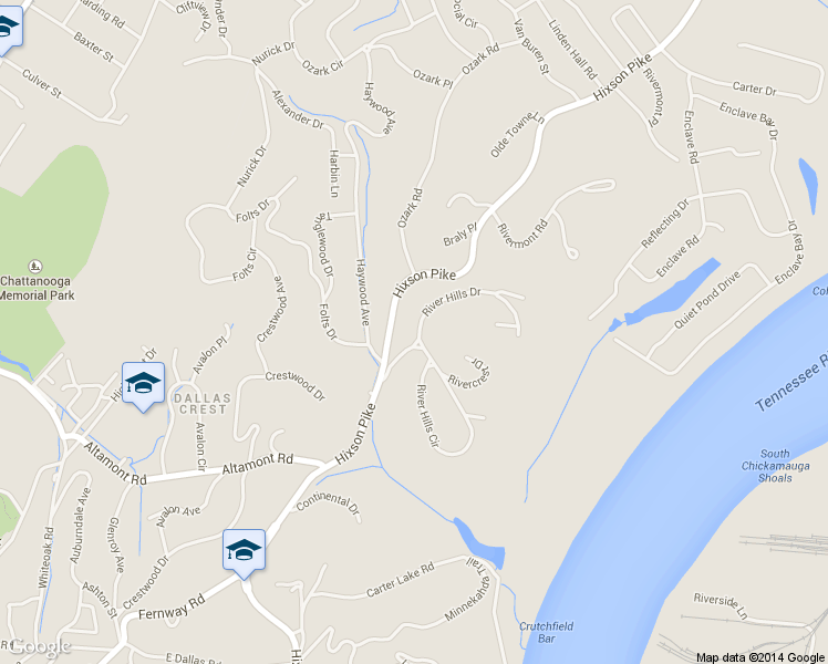 map of restaurants, bars, coffee shops, grocery stores, and more near 1005 River Hills Dr in Chattanooga