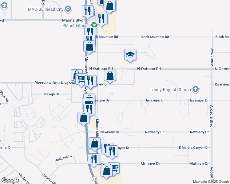 map of restaurants, bars, coffee shops, grocery stores, and more near 1627 Havasupai Drive in Bullhead City