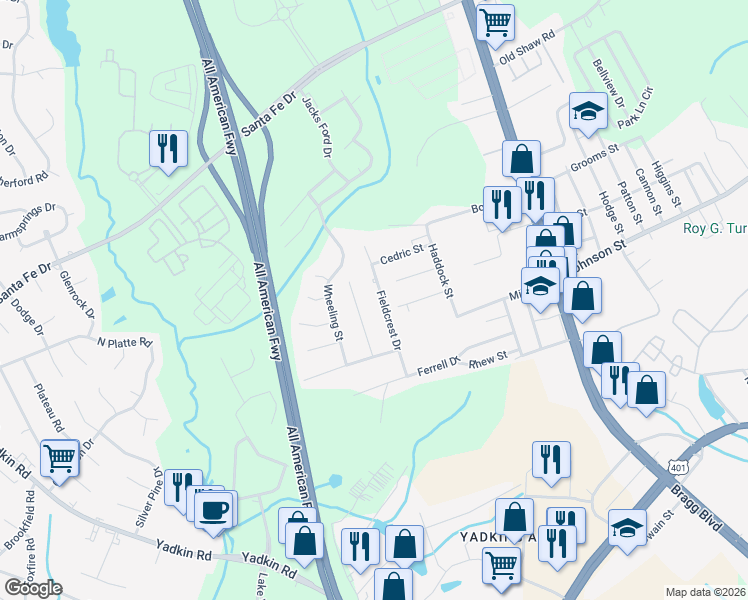 map of restaurants, bars, coffee shops, grocery stores, and more near 4955 Fieldcrest Drive in Fayetteville