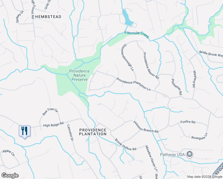map of restaurants, bars, coffee shops, grocery stores, and more near 2733 Providence Spring Lane in Charlotte