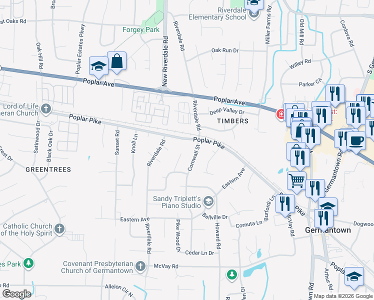 map of restaurants, bars, coffee shops, grocery stores, and more near 2075 Cornwall Street in Germantown