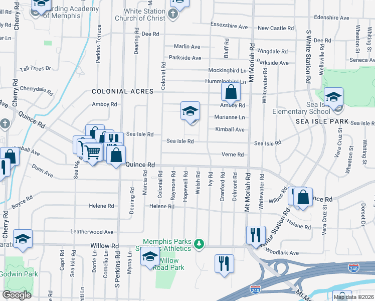 map of restaurants, bars, coffee shops, grocery stores, and more near 4832 Verne Road in Memphis