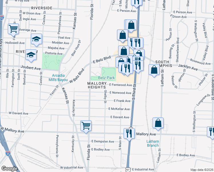 map of restaurants, bars, coffee shops, grocery stores, and more near 87 East Fernwood Avenue in Memphis