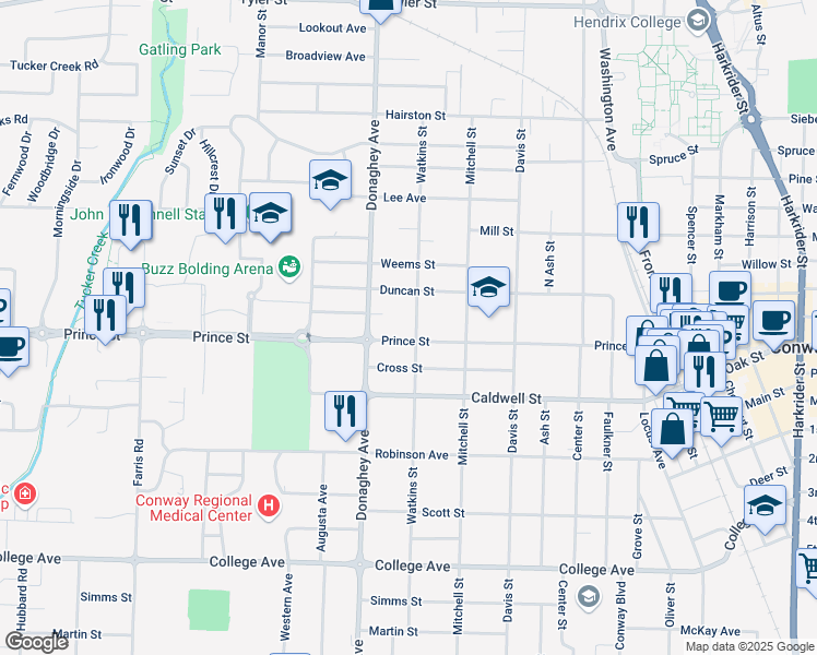 map of restaurants, bars, coffee shops, grocery stores, and more near 2018 Prince Street in Conway