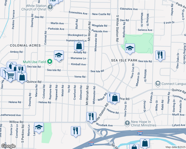 map of restaurants, bars, coffee shops, grocery stores, and more near 1439 Whitewater Road in Memphis
