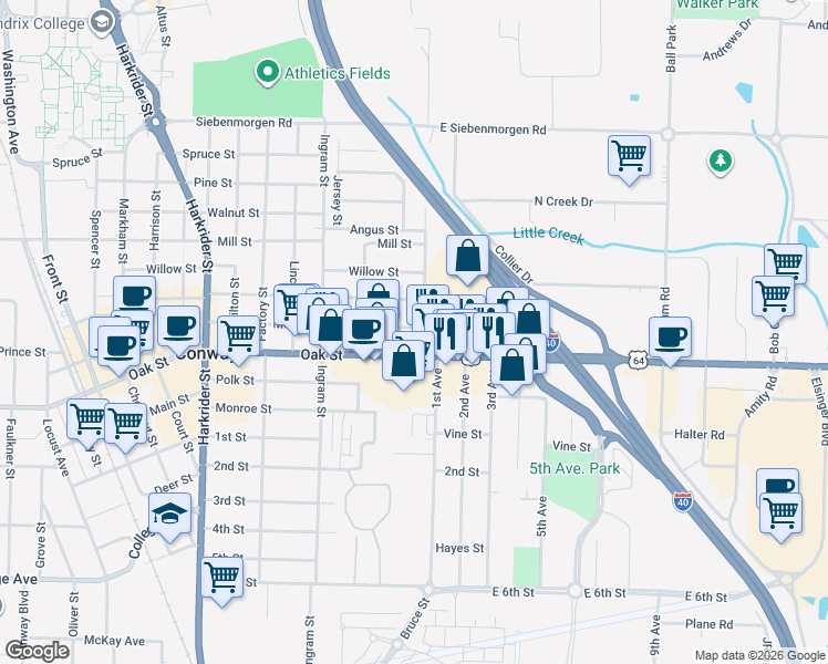 map of restaurants, bars, coffee shops, grocery stores, and more near 126 Oak Street in Conway