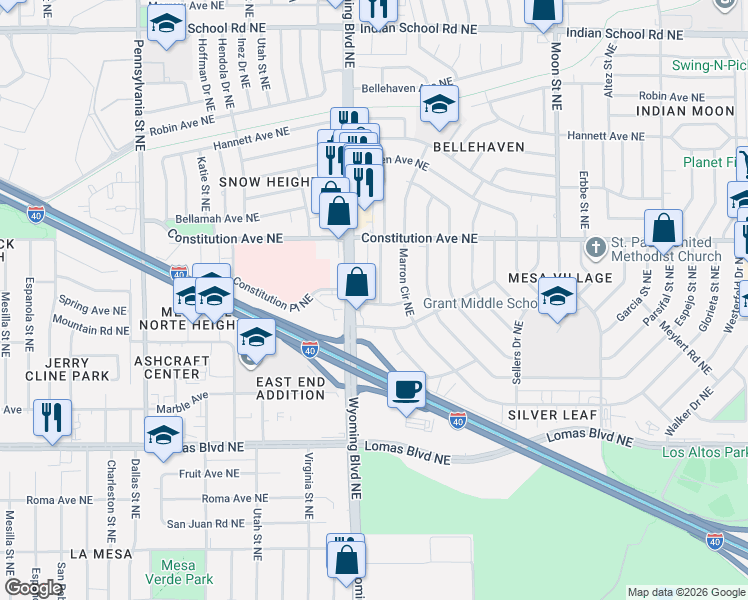 map of restaurants, bars, coffee shops, grocery stores, and more near 1301 Boatright Drive Northeast in Albuquerque