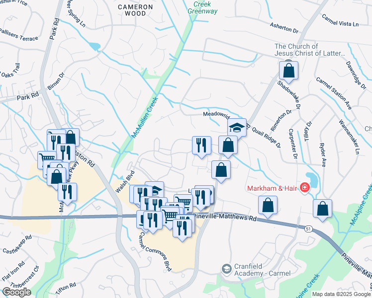 map of restaurants, bars, coffee shops, grocery stores, and more near 4801 Waterford Knoll Drive in Charlotte