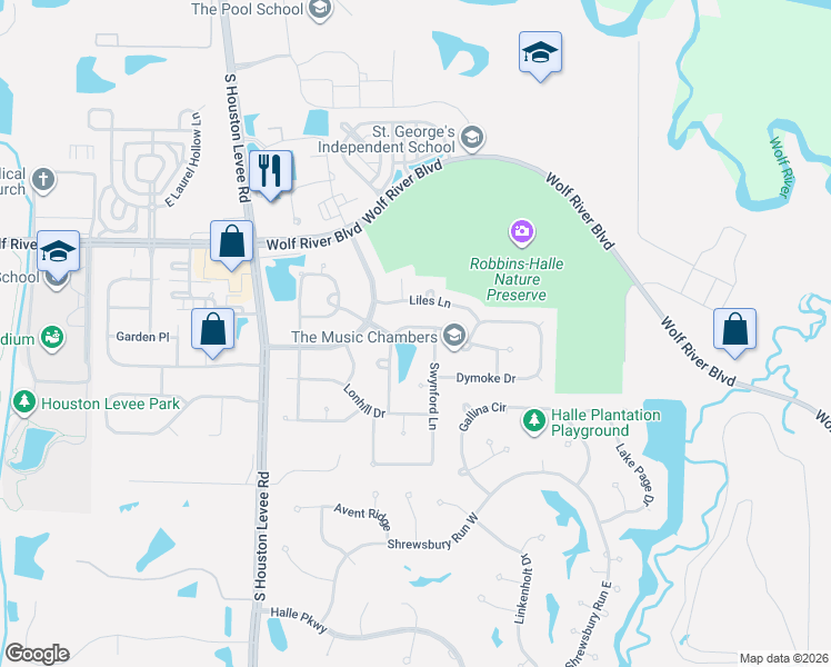 map of restaurants, bars, coffee shops, grocery stores, and more near 1851 Hartwell Manor North in Collierville