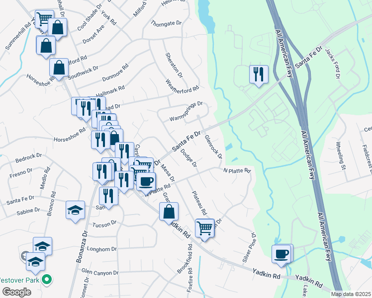 map of restaurants, bars, coffee shops, grocery stores, and more near 5514 Dodge Drive in Fayetteville