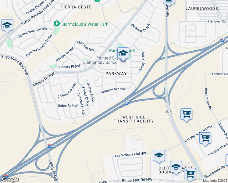 map of restaurants, bars, coffee shops, grocery stores, and more near 525 Parkland View Street Northwest in Albuquerque