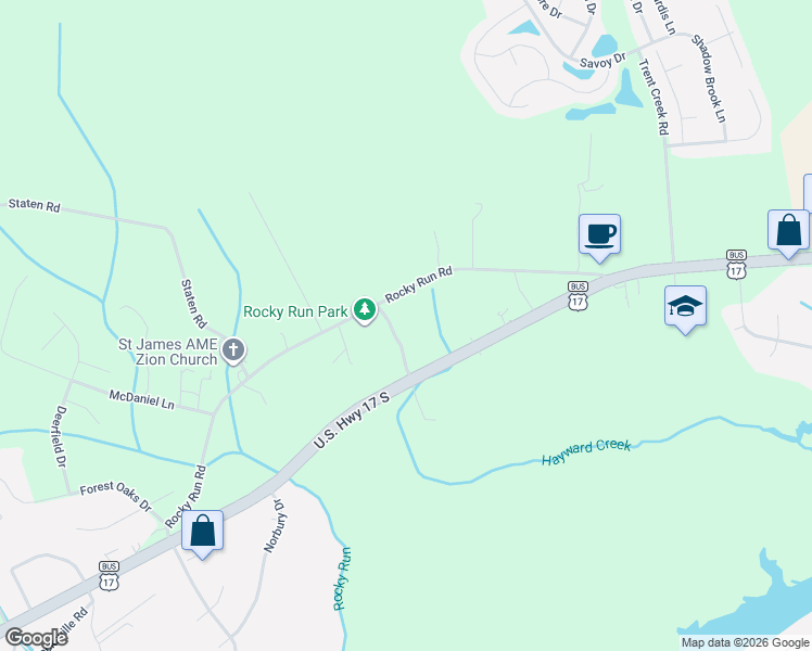 map of restaurants, bars, coffee shops, grocery stores, and more near 407 Rocky Run Road in New Bern
