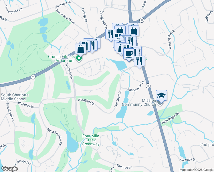 map of restaurants, bars, coffee shops, grocery stores, and more near 3617 Smokerise Hill Drive in Charlotte