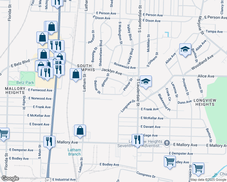 map of restaurants, bars, coffee shops, grocery stores, and more near 2003 Martin Circle in Memphis