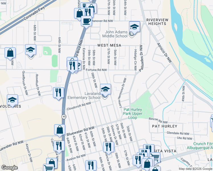 map of restaurants, bars, coffee shops, grocery stores, and more near 613 57th Street Northwest in Albuquerque