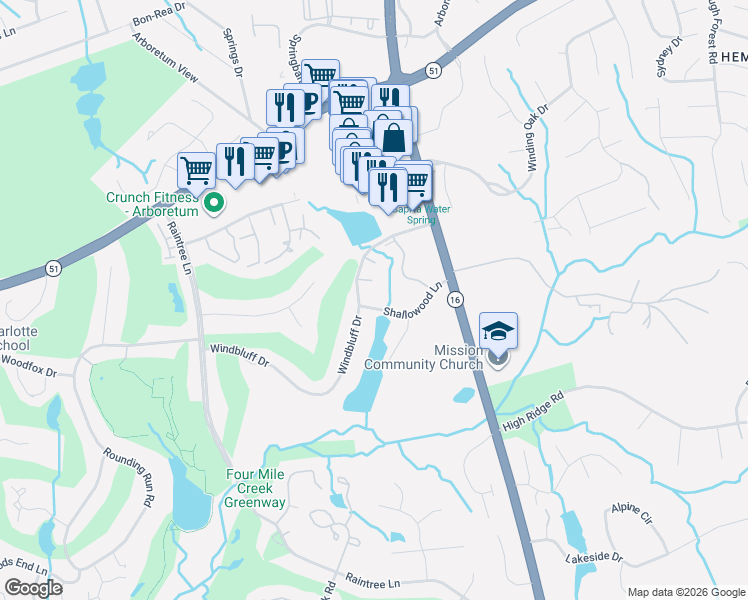 map of restaurants, bars, coffee shops, grocery stores, and more near 3136 Shallowood Lane in Charlotte