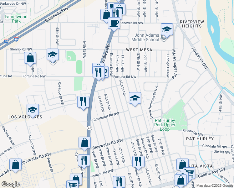 map of restaurants, bars, coffee shops, grocery stores, and more near 559 59th Street Northwest in Albuquerque