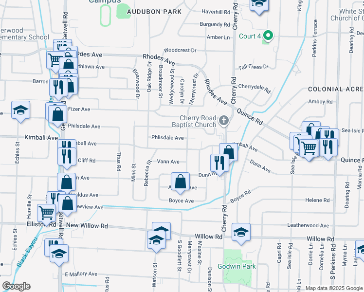 map of restaurants, bars, coffee shops, grocery stores, and more near 4244 Kimball Avenue in Memphis