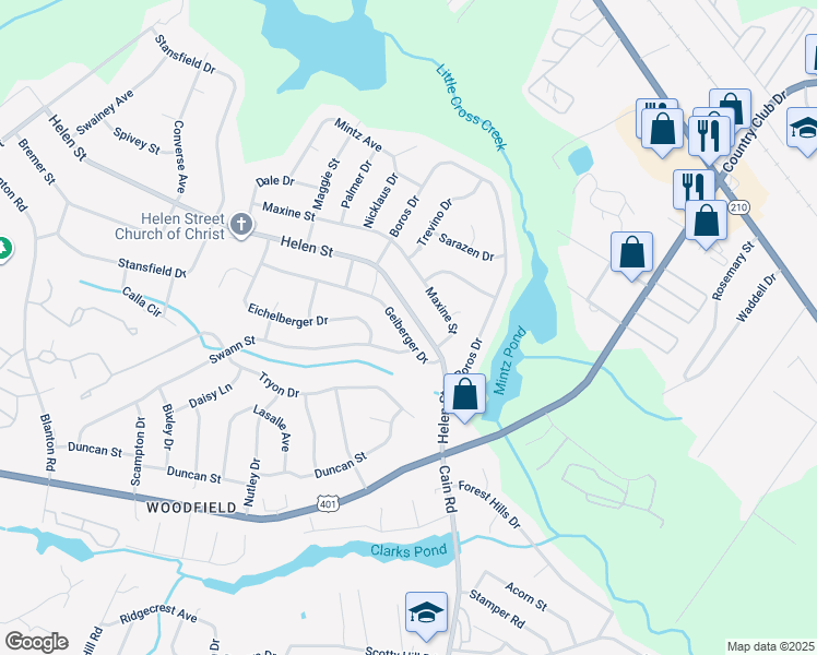 map of restaurants, bars, coffee shops, grocery stores, and more near 1784 Geiberger Drive in Fayetteville