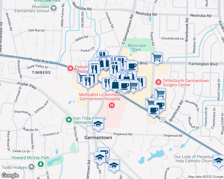 map of restaurants, bars, coffee shops, grocery stores, and more near 7645 Poplar Avenue in Germantown