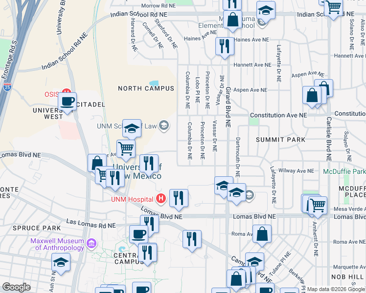 map of restaurants, bars, coffee shops, grocery stores, and more near 1040 Stanford Drive Northeast in Albuquerque