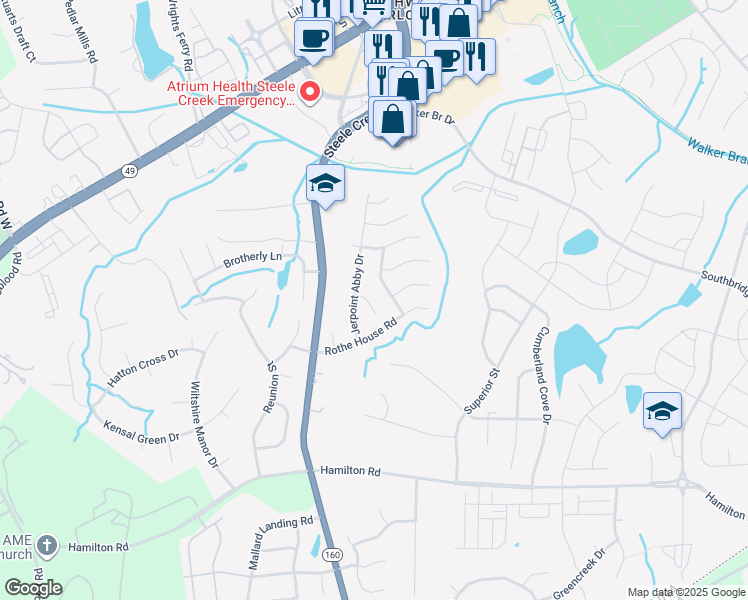 map of restaurants, bars, coffee shops, grocery stores, and more near 13014 Ballyhack Ct in Charlotte