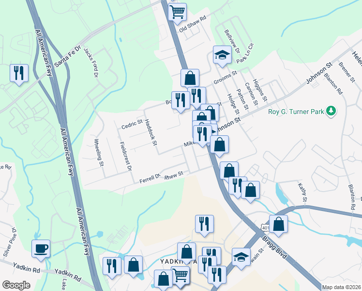 map of restaurants, bars, coffee shops, grocery stores, and more near 298 Mike Street in Fayetteville