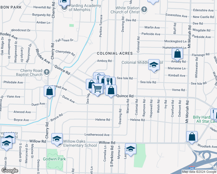 map of restaurants, bars, coffee shops, grocery stores, and more near 4631 Verne Road in Memphis