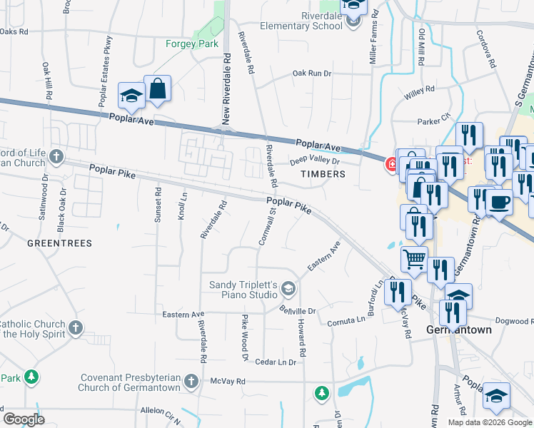 map of restaurants, bars, coffee shops, grocery stores, and more near 2075 Cornwall St in Germantown