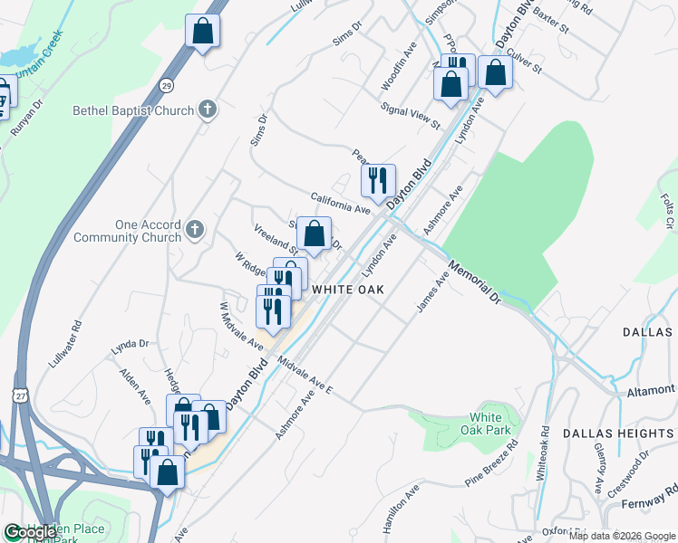map of restaurants, bars, coffee shops, grocery stores, and more near 2118 Dayton Boulevard in Chattanooga