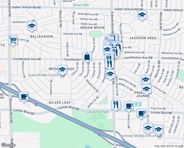 map of restaurants, bars, coffee shops, grocery stores, and more near 1225 Espejo Street Northeast in Albuquerque