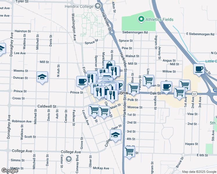 map of restaurants, bars, coffee shops, grocery stores, and more near 1014 Markham Street in Conway