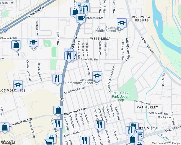 map of restaurants, bars, coffee shops, grocery stores, and more near 548 58th Street Northwest in Albuquerque