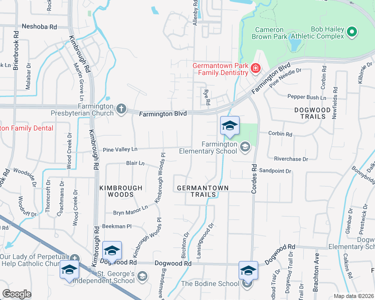 map of restaurants, bars, coffee shops, grocery stores, and more near 8403 Pine Valley Lane in Memphis